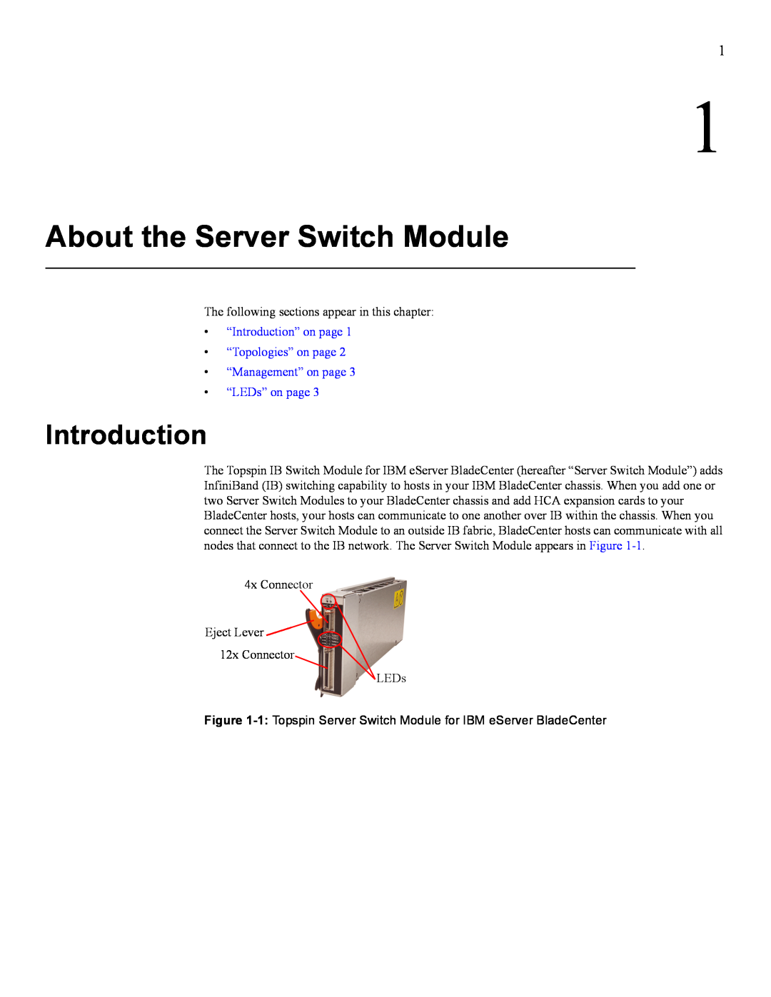 IBM 24R9718 IB manual About the Server Switch Module, Introduction, “LEDs” on page 