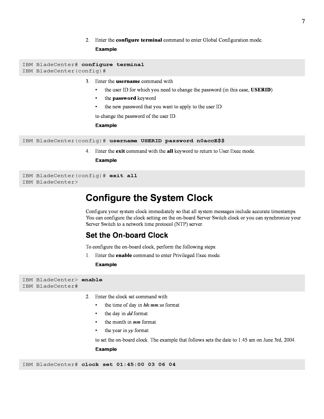 IBM 24R9718 IB manual Configure the System Clock, Set the On-board Clock, IBM BladeCenter# configure terminal 