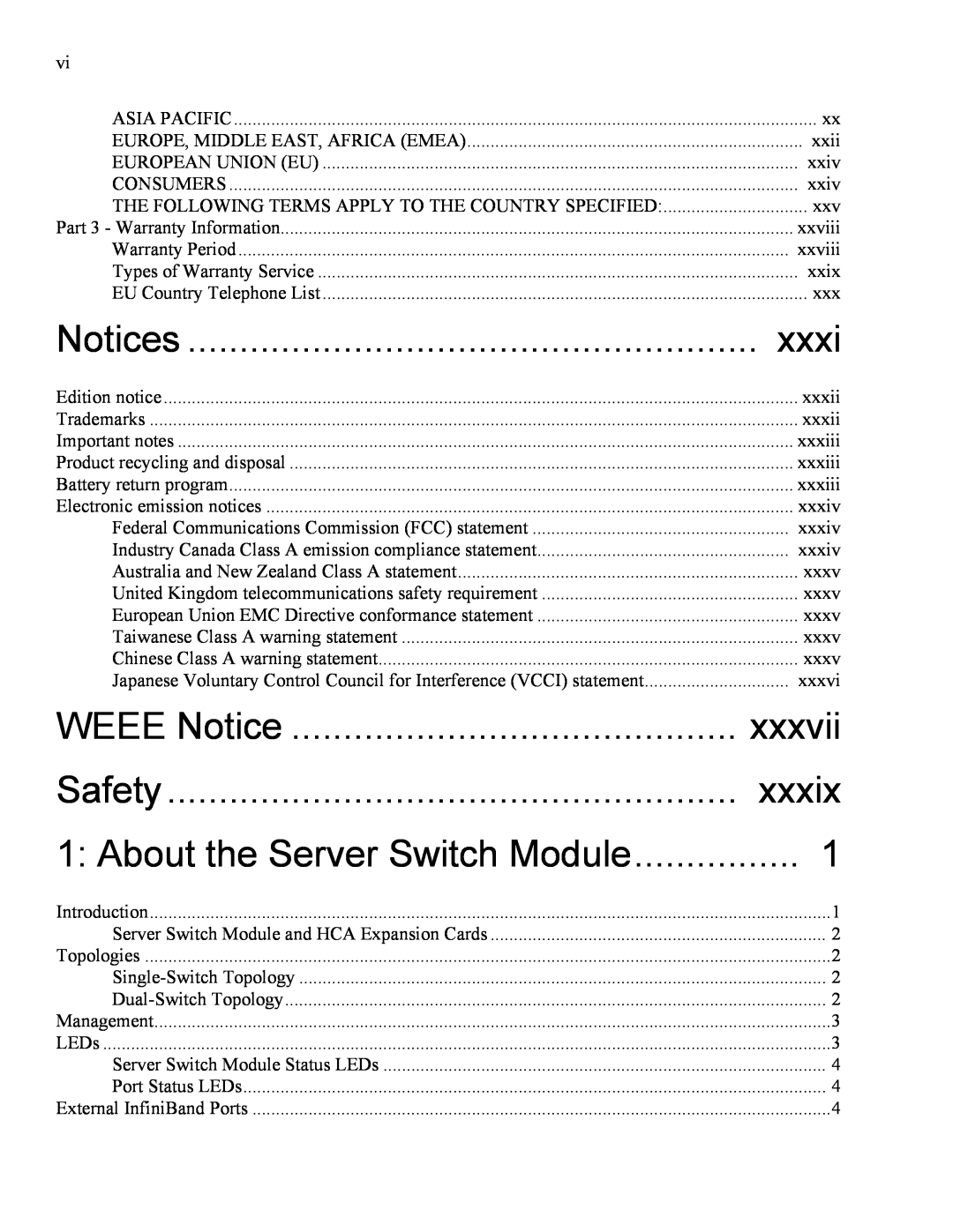 IBM 24R9718 IB manual WEEE Notice, xxxvii, Safety, xxxix, Notices, About the Server Switch Module 