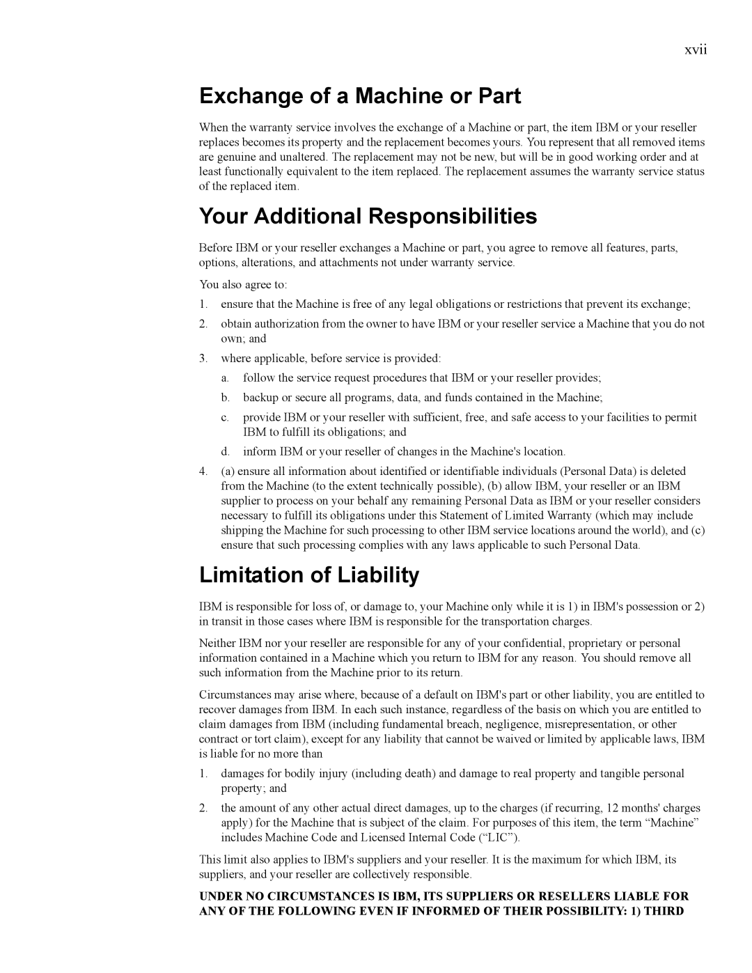 IBM 24R9718 IB manual Exchange of a Machine or Part, Your Additional Responsibilities, Limitation of Liability 