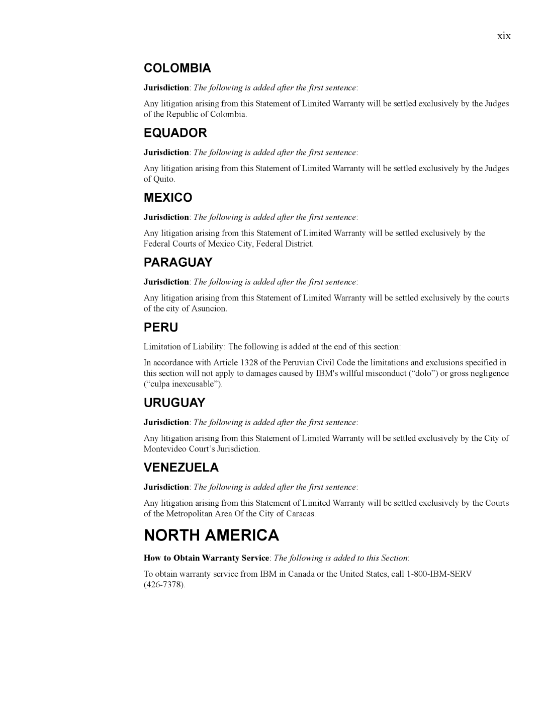 IBM 24R9718 IB manual Colombia, Equador, Mexico, Paraguay, Peru, Uruguay, Venezuela 