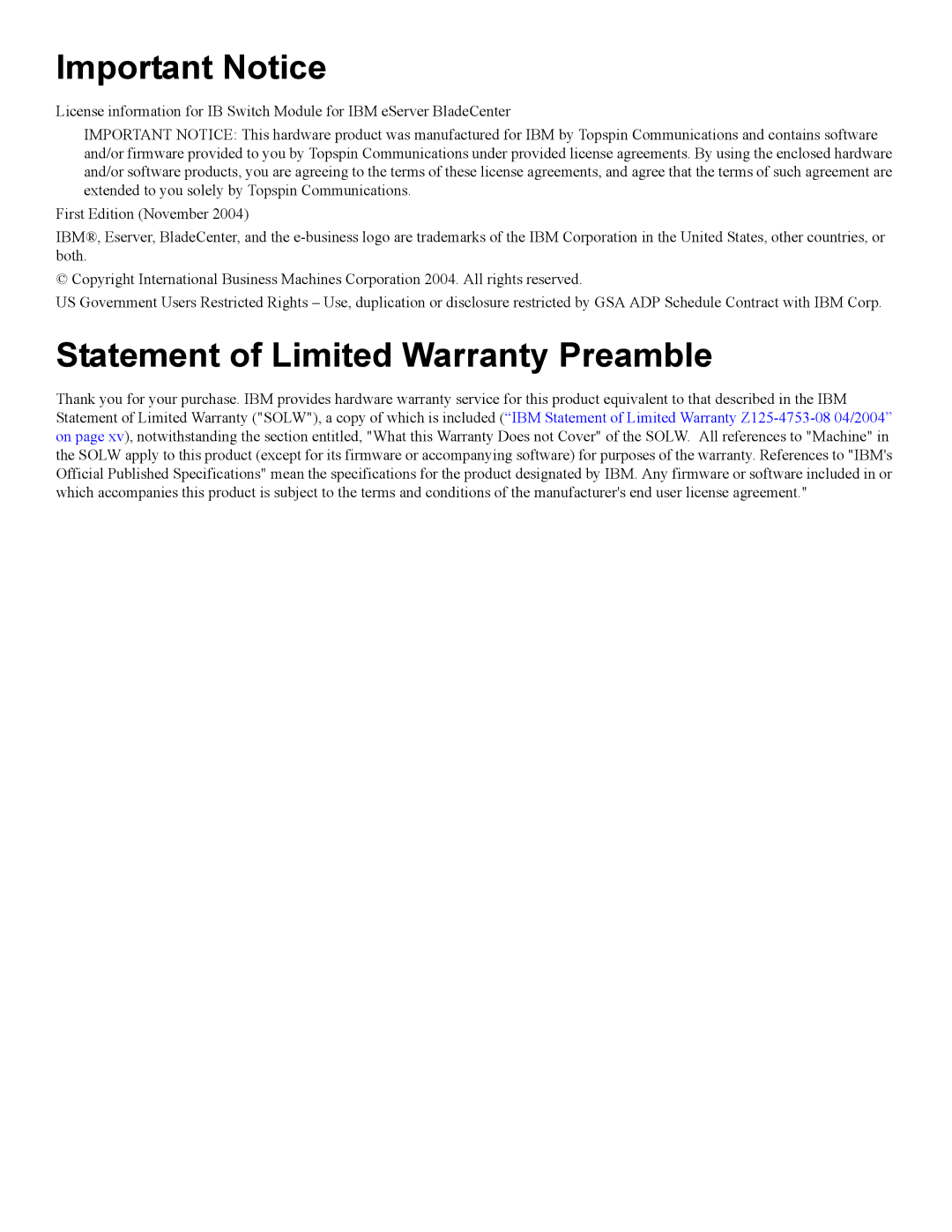 IBM 24R9718 IB manual Important Notice, Statement of Limited Warranty Preamble 