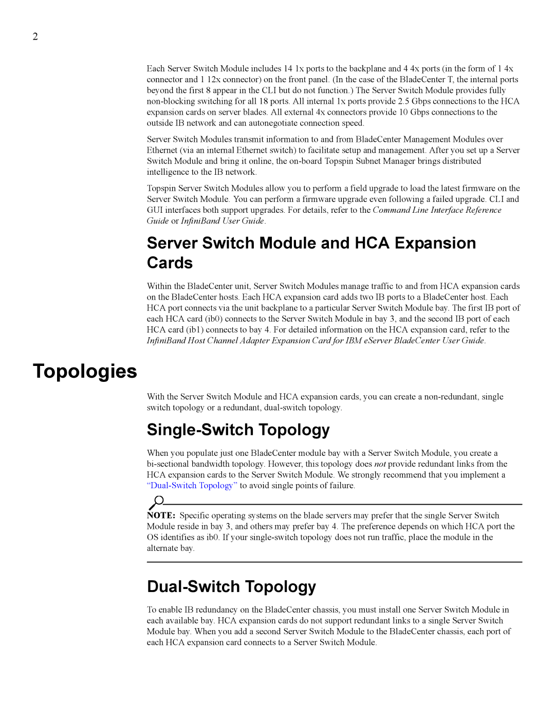 IBM 24R9718 IB Topologies, Server Switch Module and HCA Expansion Cards, Single-Switch Topology, Dual-Switch Topology 