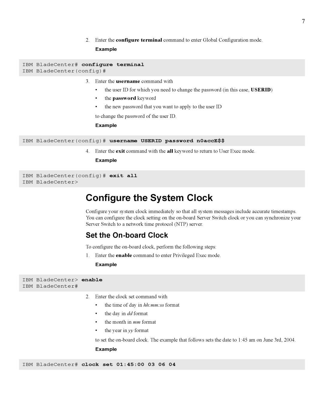 IBM 24R9718 IB manual Configure the System Clock, IBM BladeCenter# configure terminal 