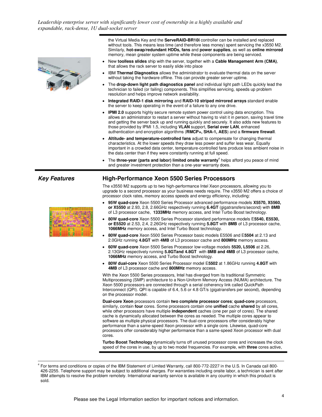 IBM 250000, 190000 specifications Key Features, High-Performance Xeon 5500 Series Processors 