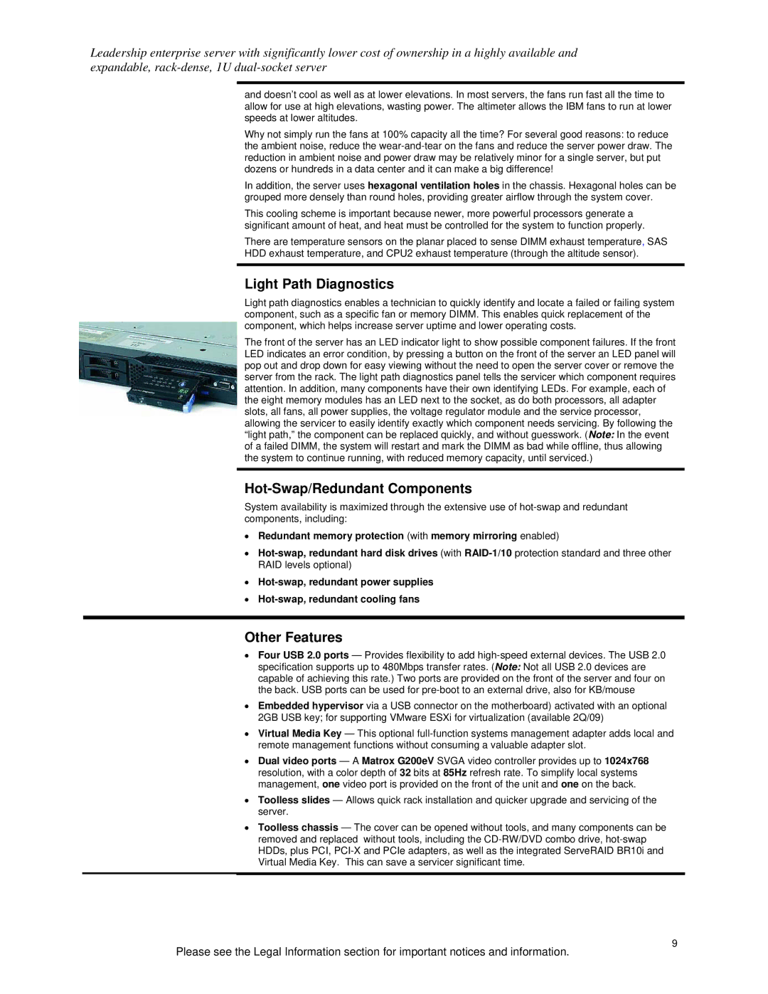 IBM 190000, 250000 specifications Light Path Diagnostics, Hot-Swap/Redundant Components, Other Features 