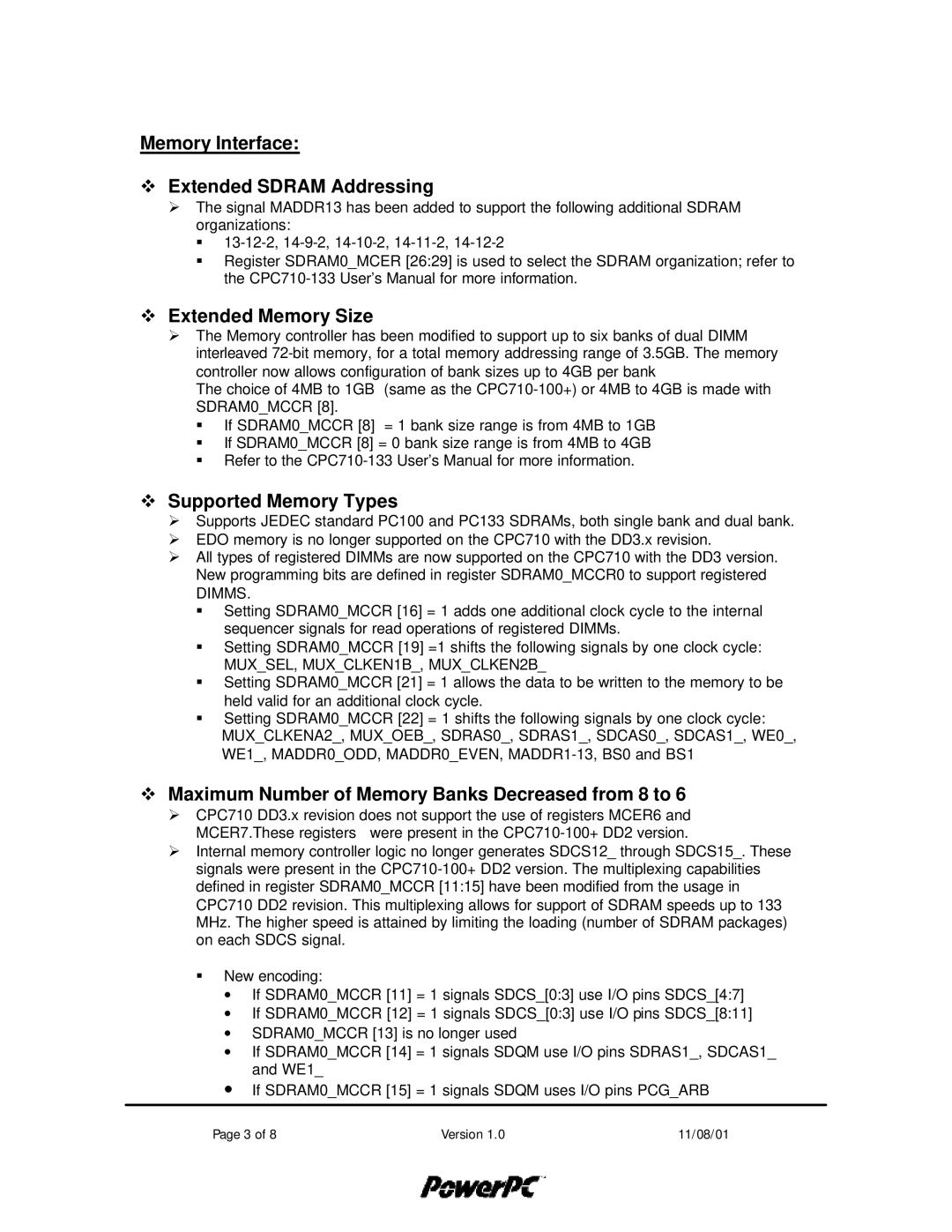 IBM 25CPC710 user manual Memory Interface Extended Sdram Addressing, Extended Memory Size, Supported Memory Types, Dimms 