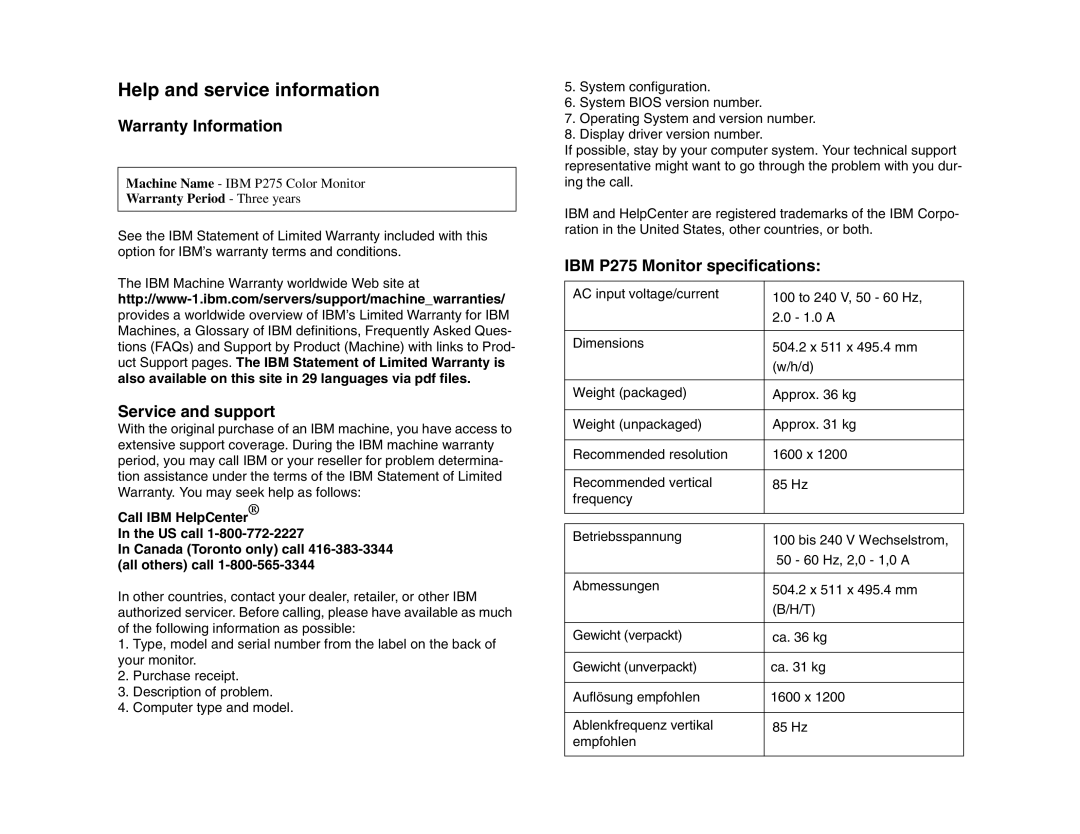 IBM manual Warranty Information, Service and support, IBM P275 Monitor specifications 