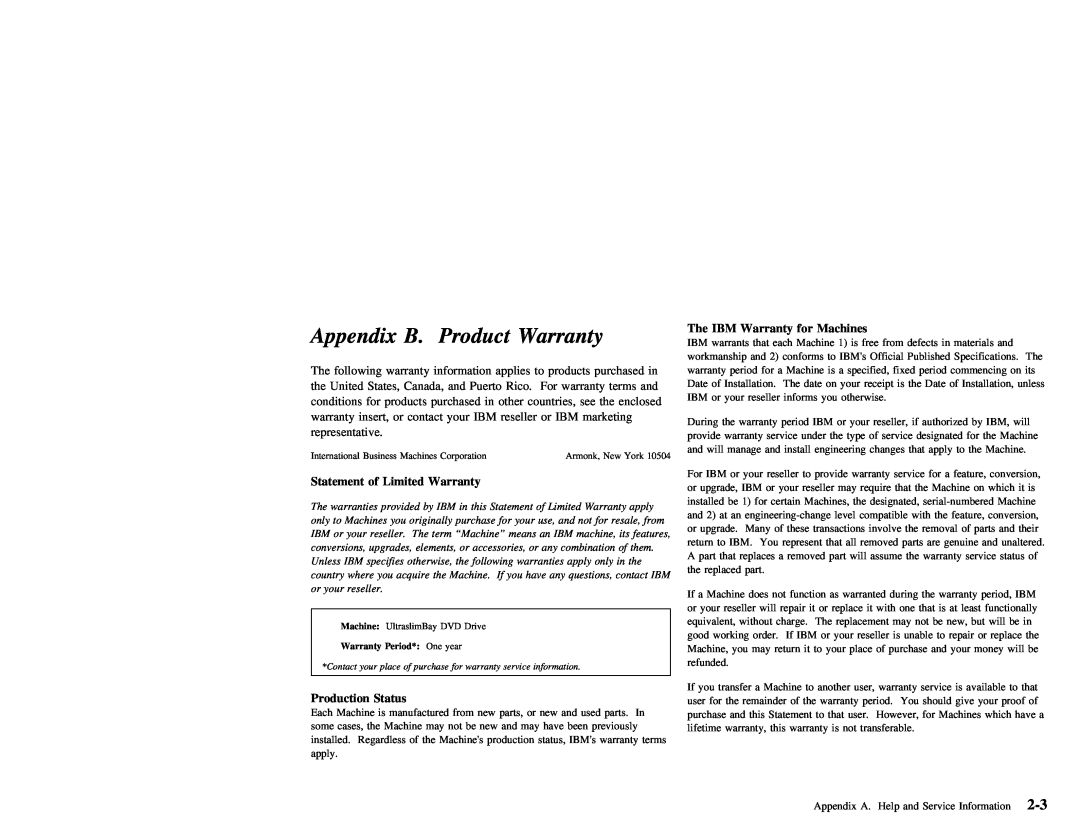 IBM 27L2579 manual Appendix B, Product Warranty 
