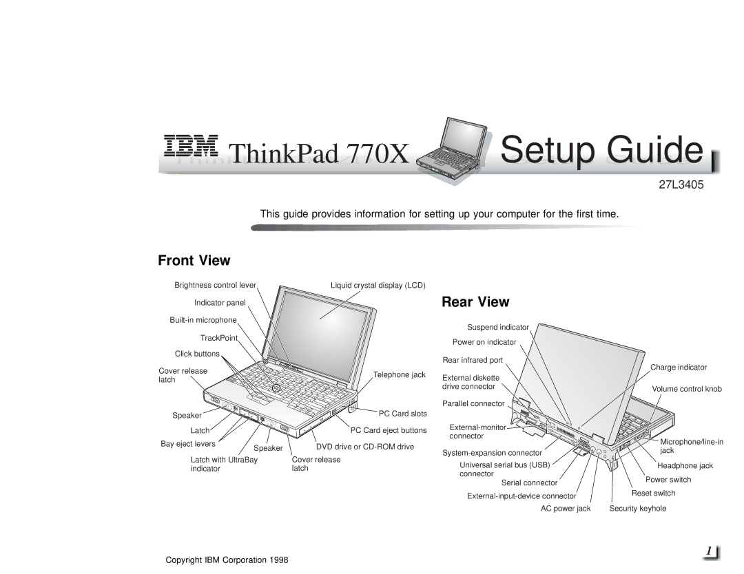 IBM 770X, 27L3405 setup guide Front View, Rear View 