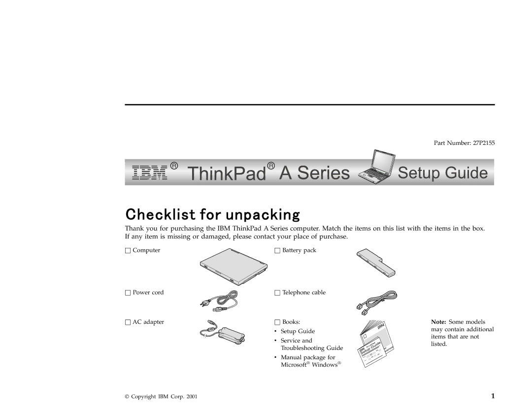 IBM setup guide Part Number 27P2155 