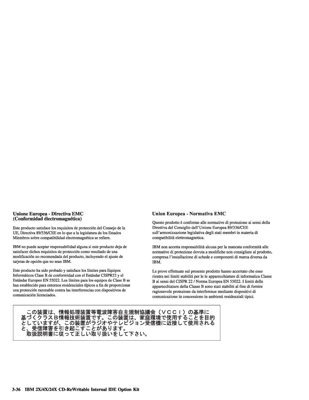 IBM 28L2234 manual Union Europea - Normativa EMC, IBM 2X/4X/24X CD-ReWritable Internal IDE Option Kit 