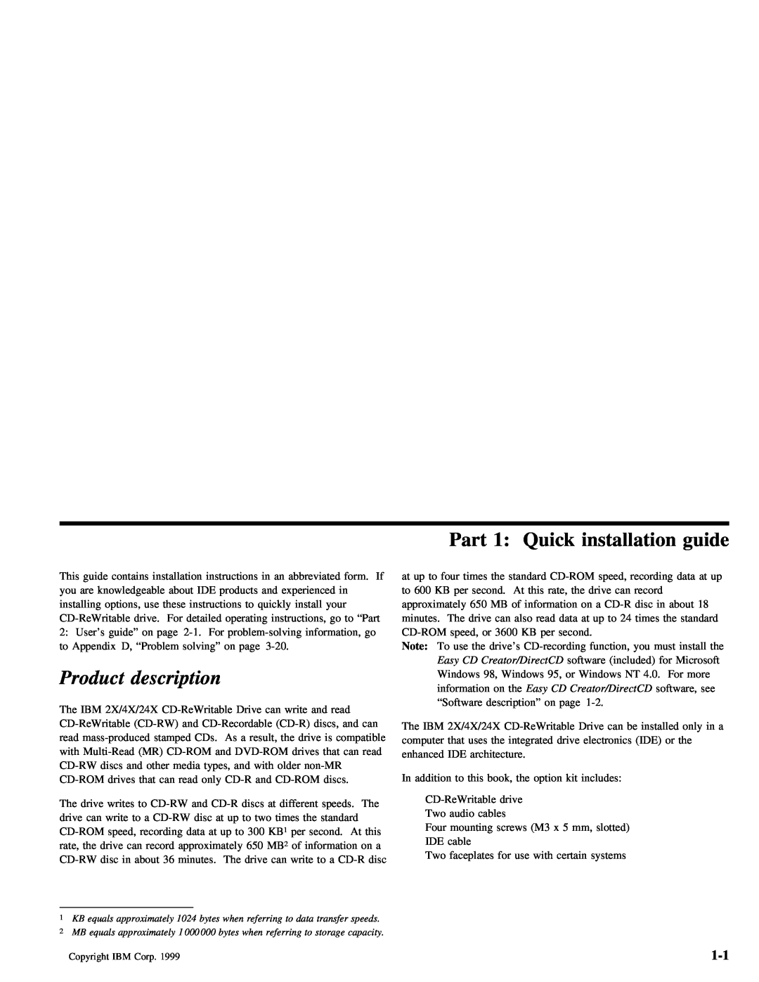 IBM 28L2234 manual Part 1 Quick installation guide, Product description 