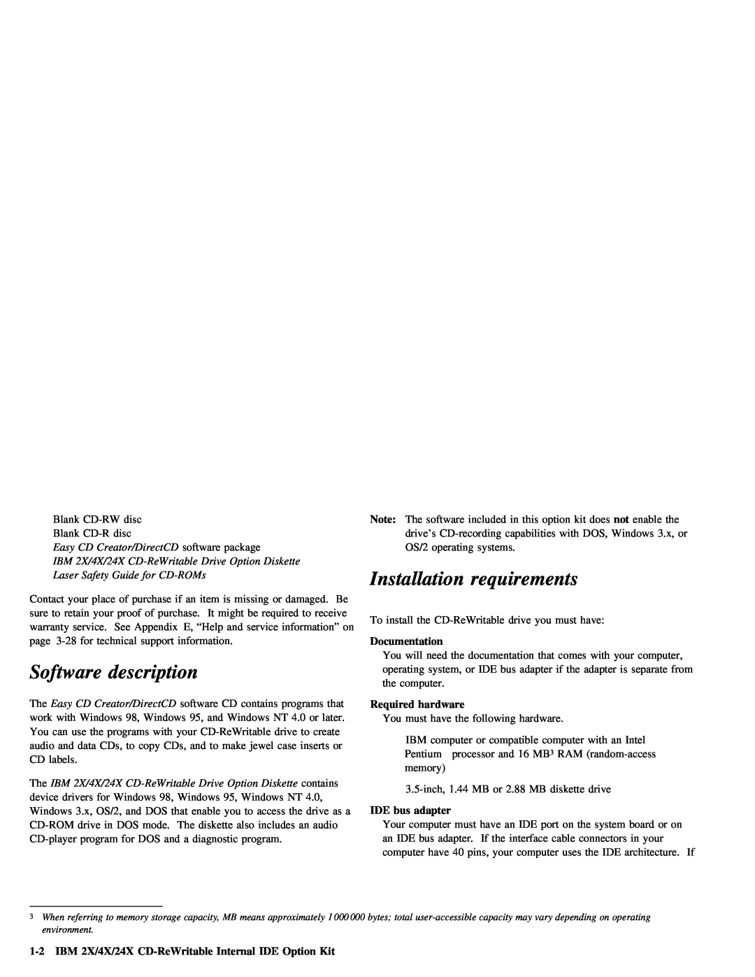 IBM 28L2234 manual Installation requirements, description, Software 