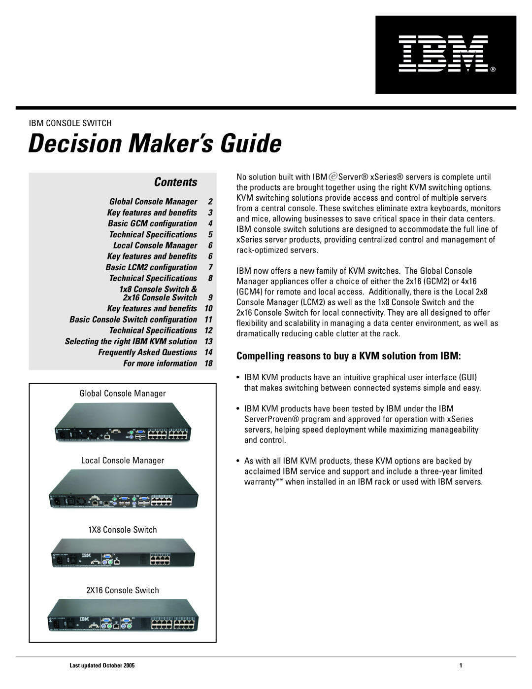 IBM 1X8, 2X16 warranty Compelling reasons to buy a KVM solution from IBM, Decision Maker’s Guide, Contents 