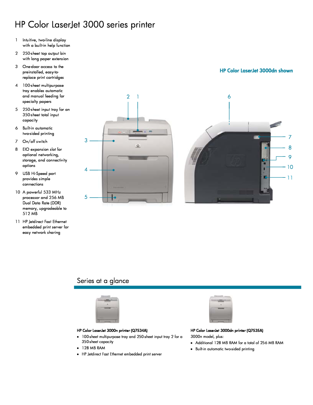 IBM manual HP Color LaserJet 3000 series printer, Series at a glance, HP Color LaserJet 3000dn shown 