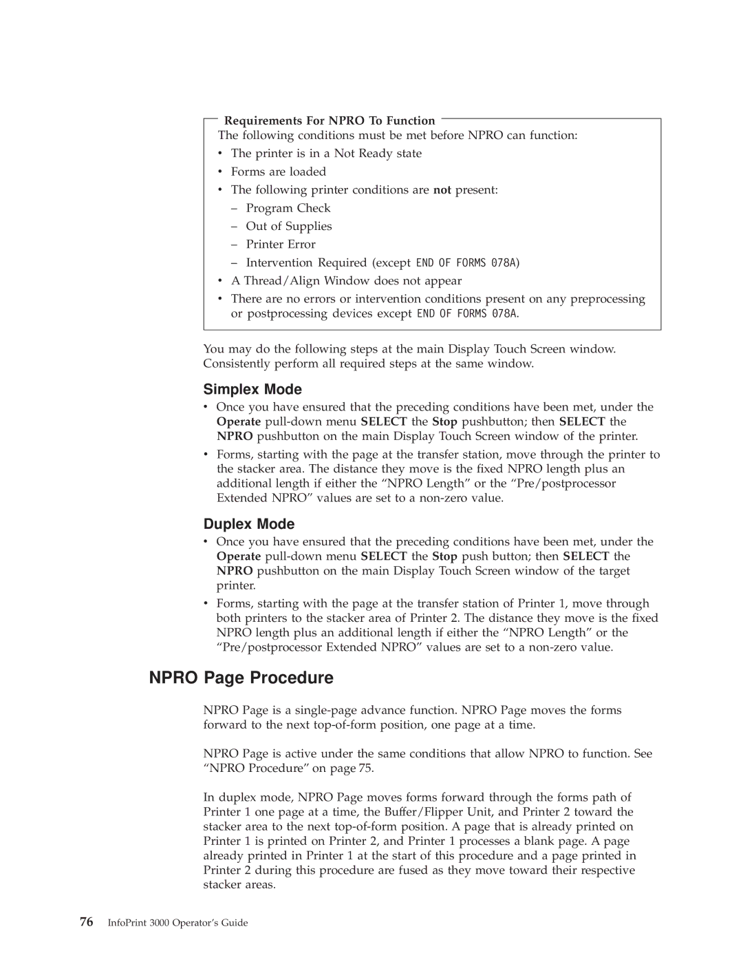 IBM 3000 manual Npro Page Procedure, Requirements For Npro To Function 