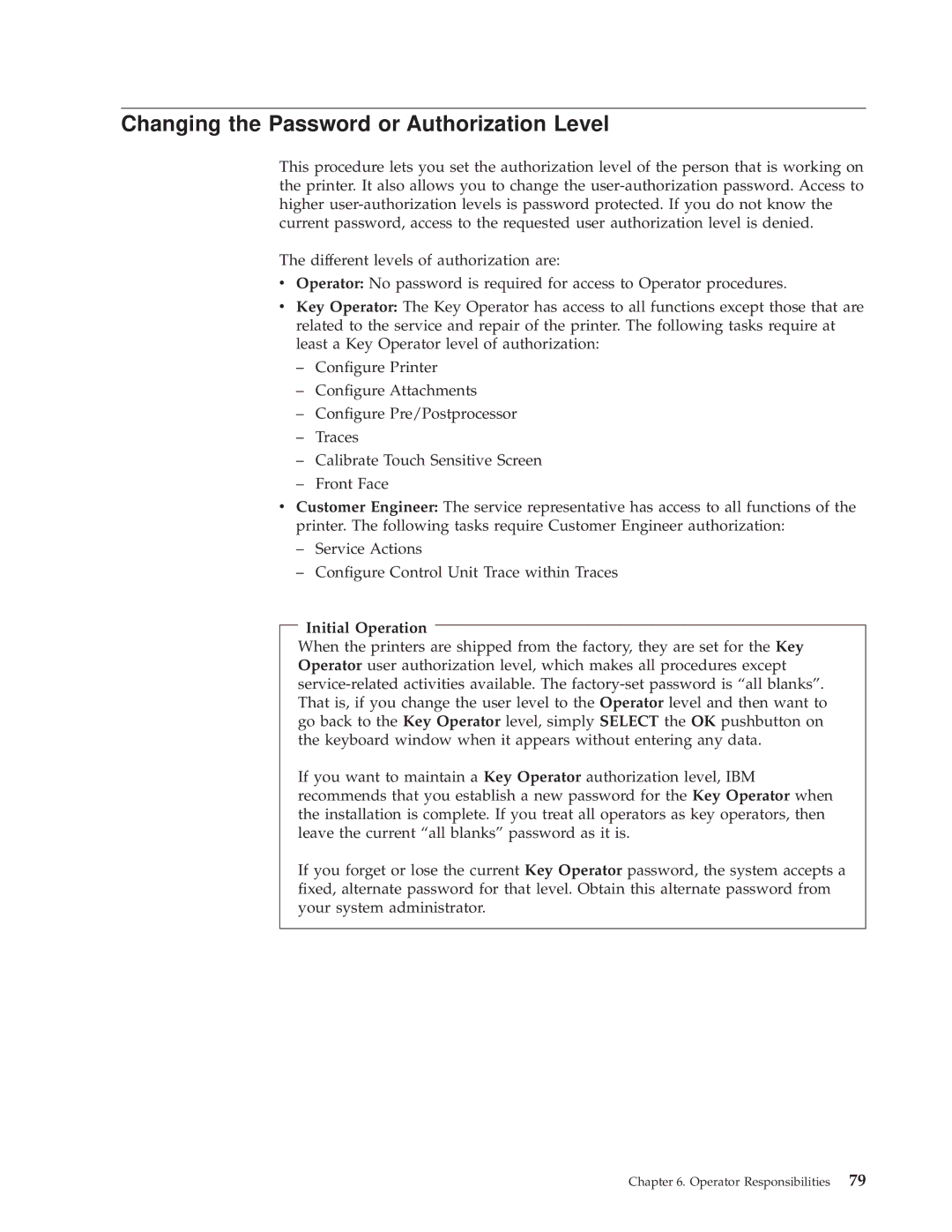 IBM 3000 manual Changing the Password or Authorization Level, Initial Operation 