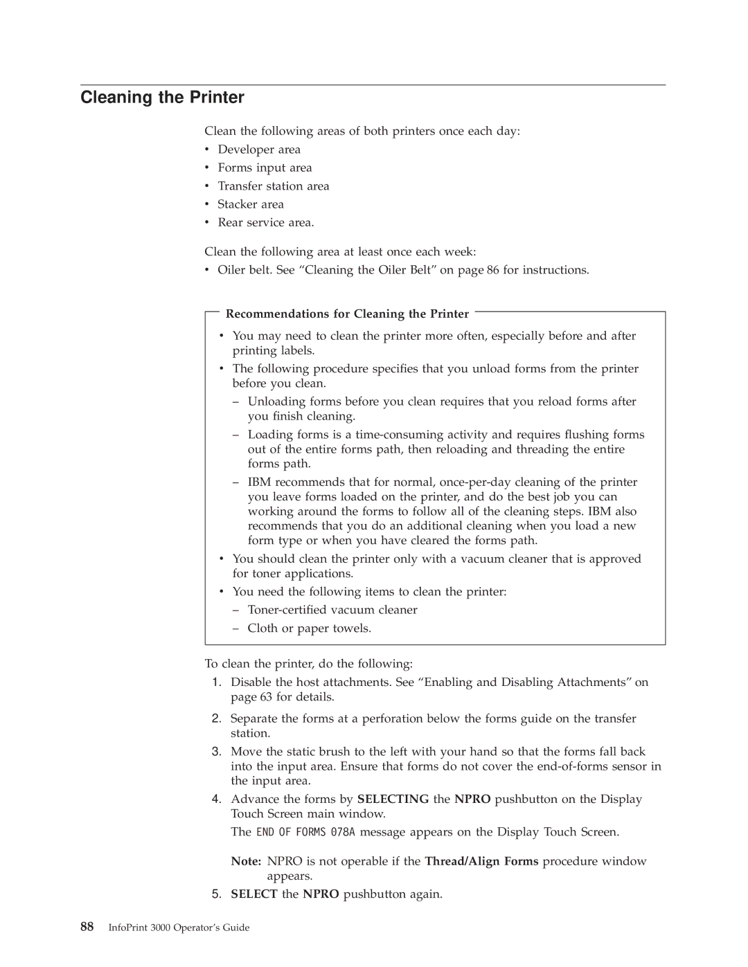 IBM 3000 manual Recommendations for Cleaning the Printer 