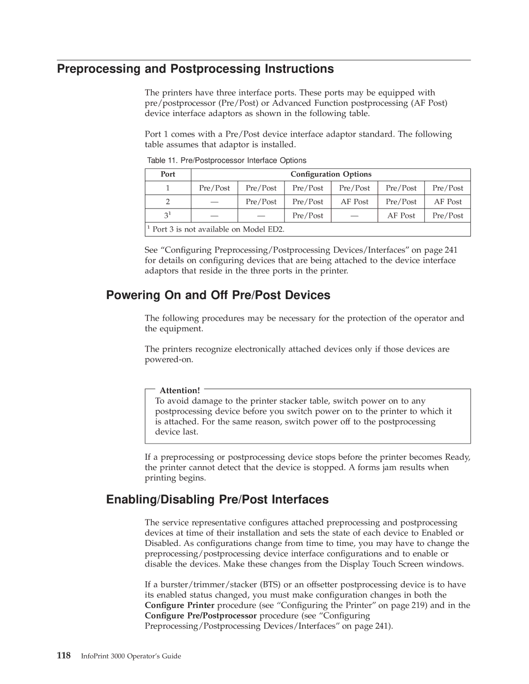 IBM 3000 Preprocessing and Postprocessing Instructions, Powering On and Off Pre/Post Devices, Port Conguration Options 