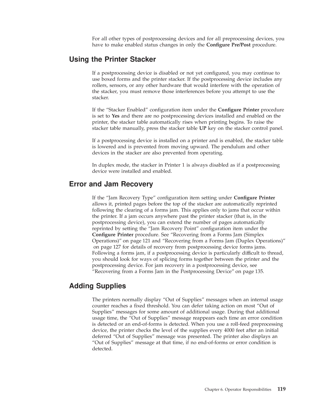 IBM 3000 manual Using the Printer Stacker, Error and Jam Recovery, Adding Supplies 