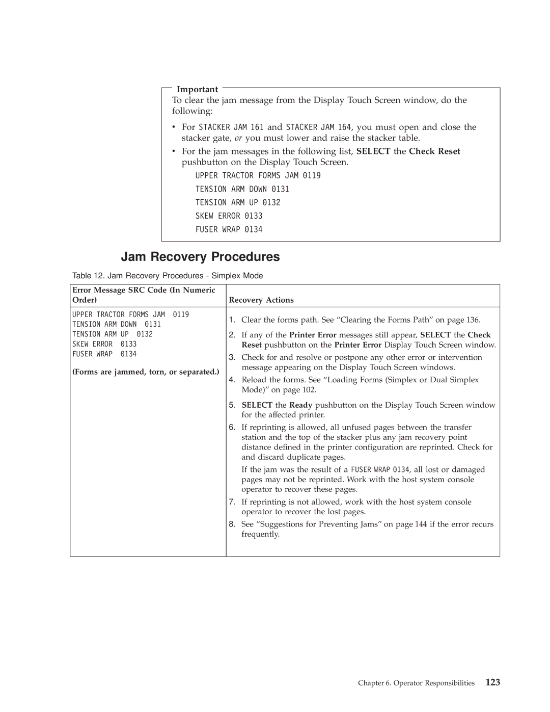 IBM 3000 manual Jam Recovery Procedures, Error Message SRC Code In Numeric Order Recovery Actions 