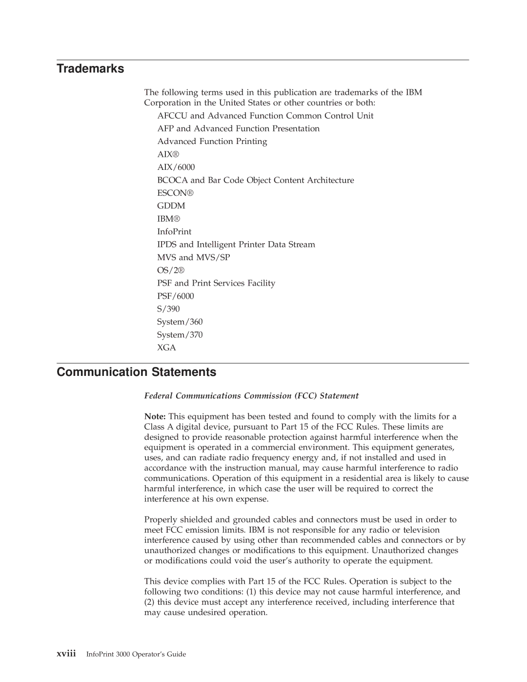 IBM 3000 manual Trademarks, Communication Statements 