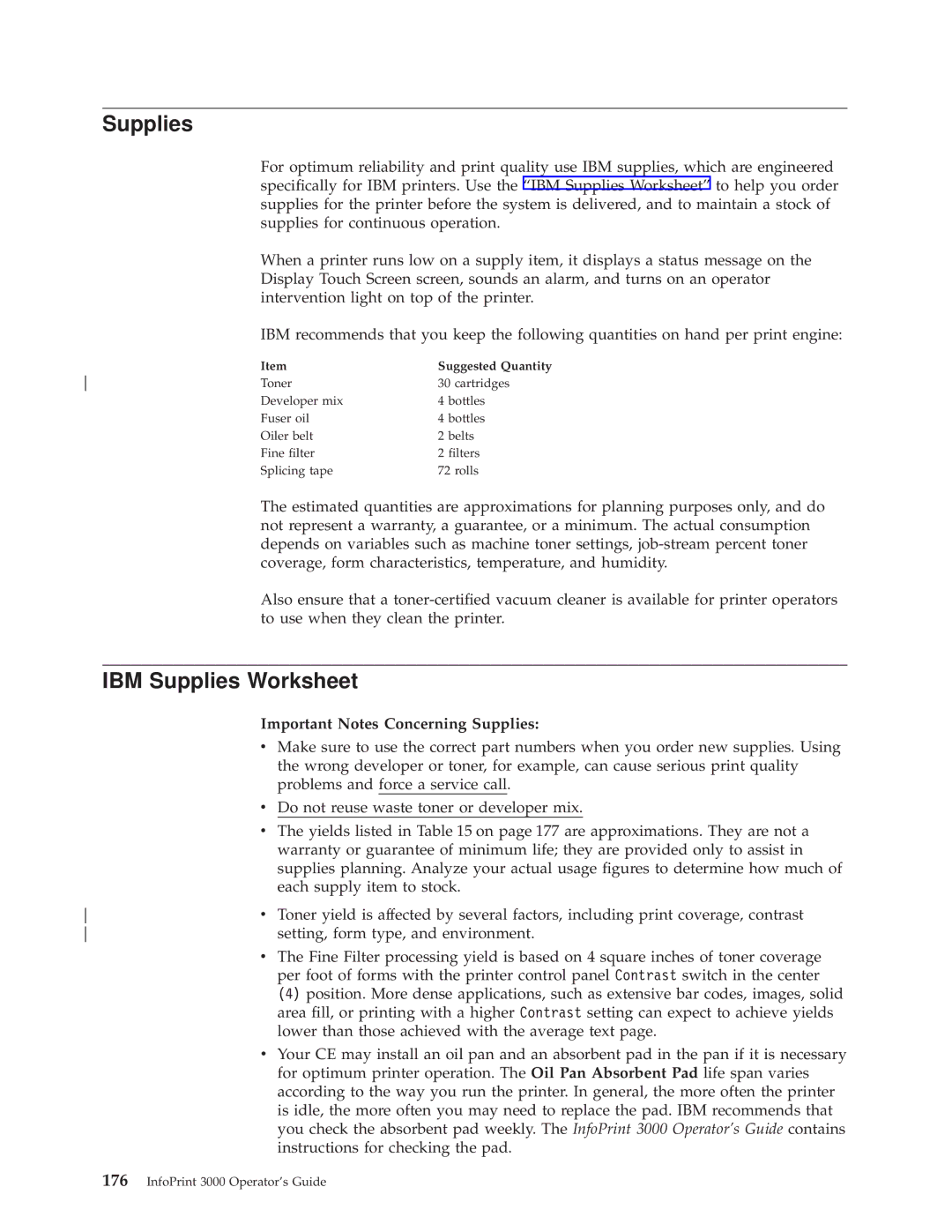 IBM 3000 manual IBM Supplies Worksheet, Important Notes Concerning Supplies 