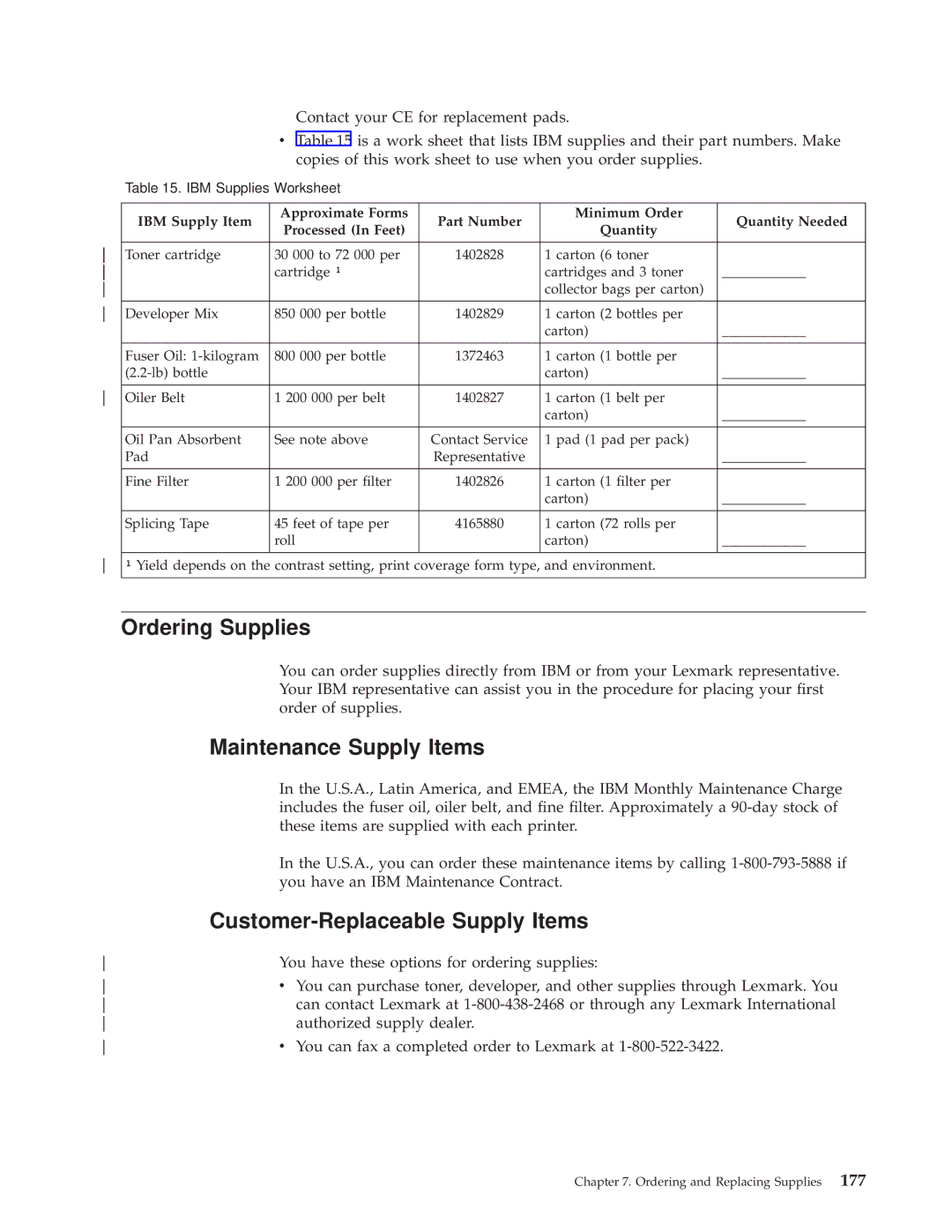 IBM 3000 manual Ordering Supplies, Maintenance Supply Items, Customer-Replaceable Supply Items 