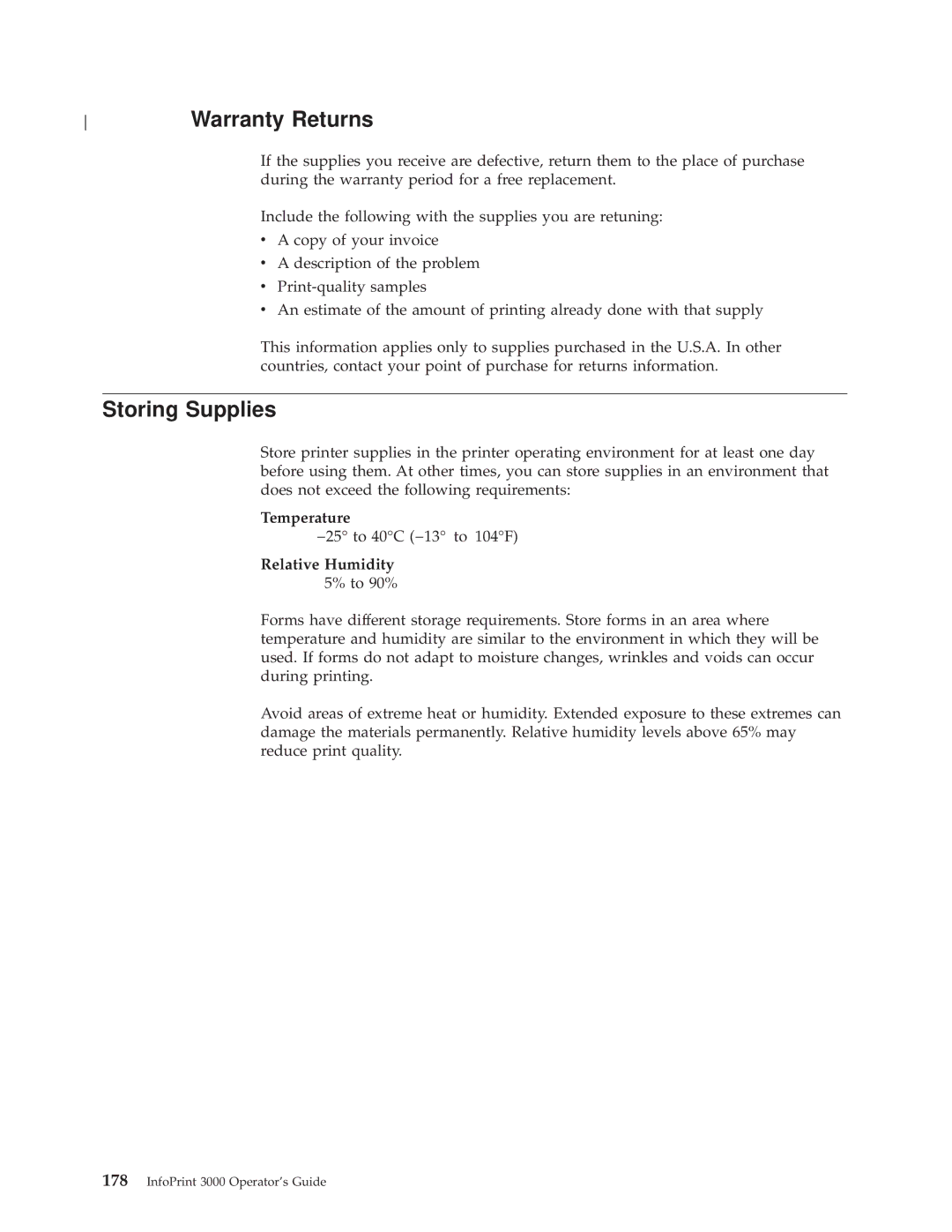 IBM 3000 manual Storing Supplies, Temperature, Relative Humidity 