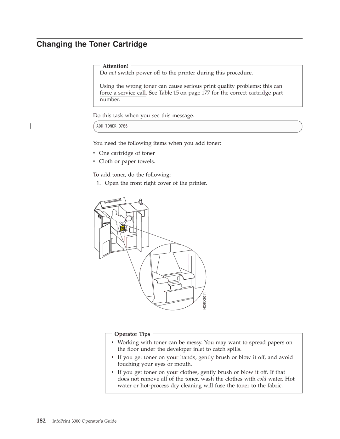 IBM 3000 manual Changing the Toner Cartridge, Operator Tips 