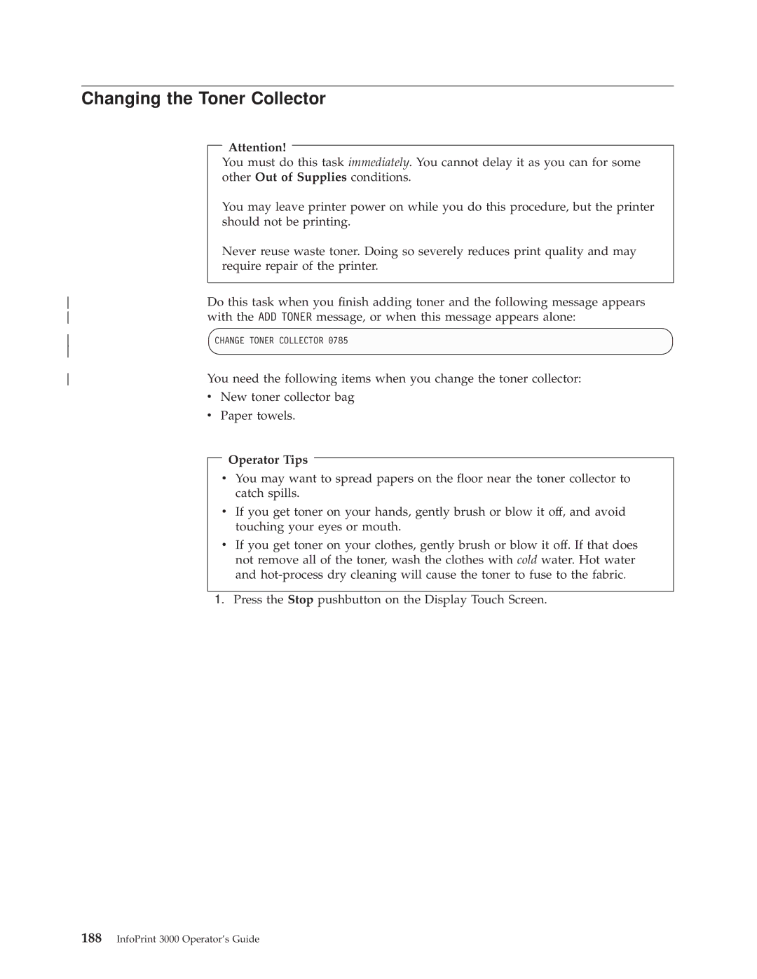 IBM 3000 manual Changing the Toner Collector, Operator Tips 