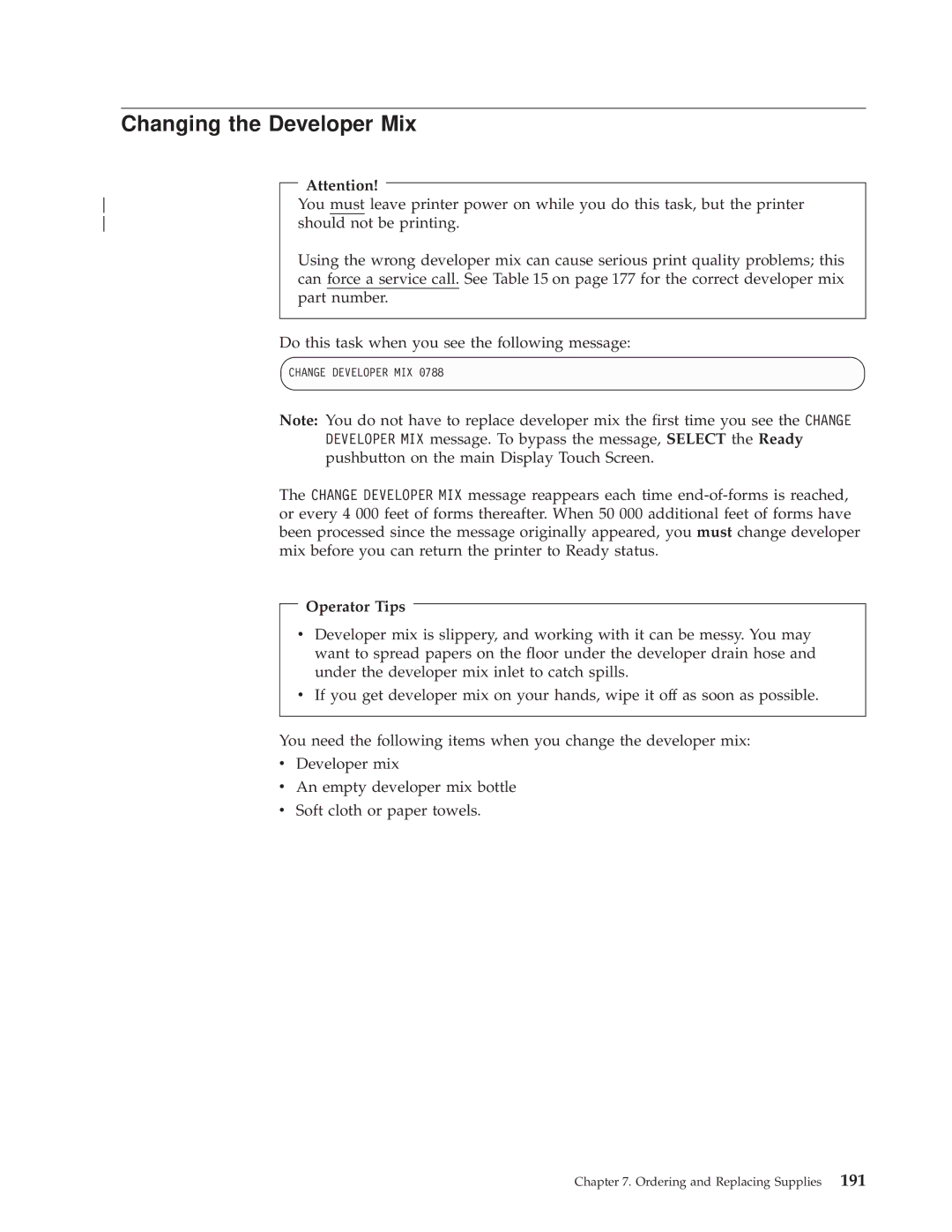 IBM 3000 manual Changing the Developer Mix, Operator Tips 