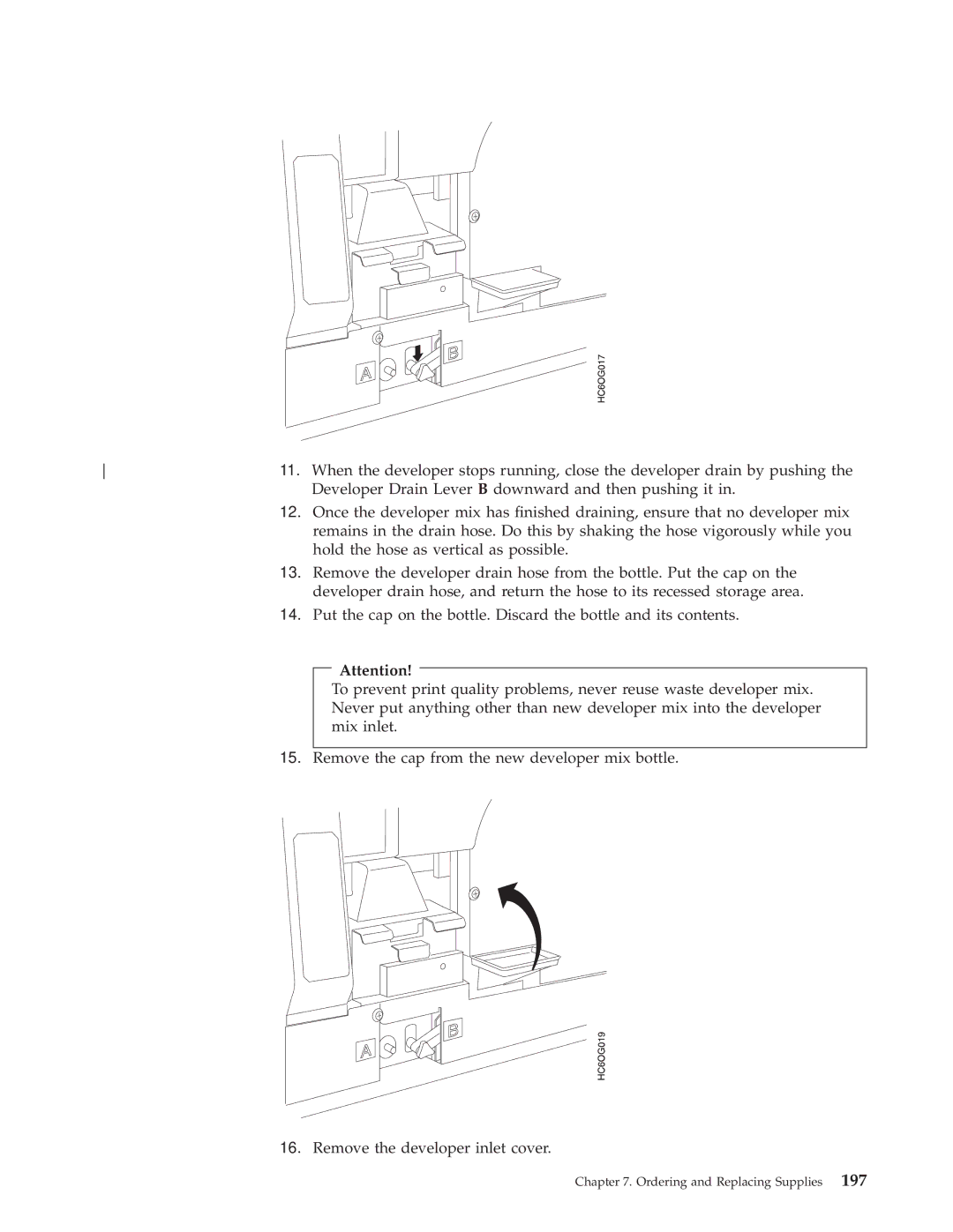 IBM 3000 manual Developer Drain Lever B downward and then pushing it 