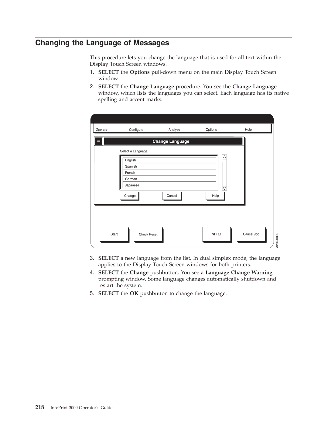 IBM 3000 manual Changing the Language of Messages 