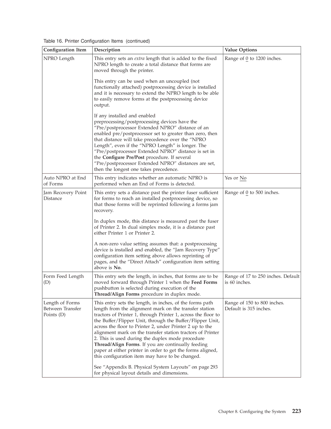 IBM 3000 manual Conguration Item Description Value Options 