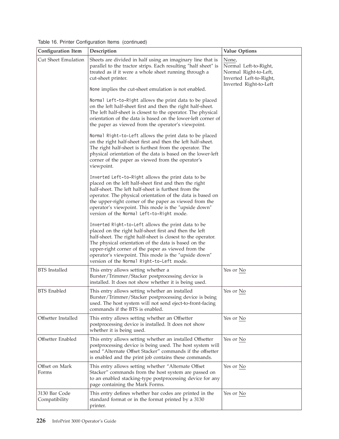 IBM 3000 manual Conguration Item Description Value Options 