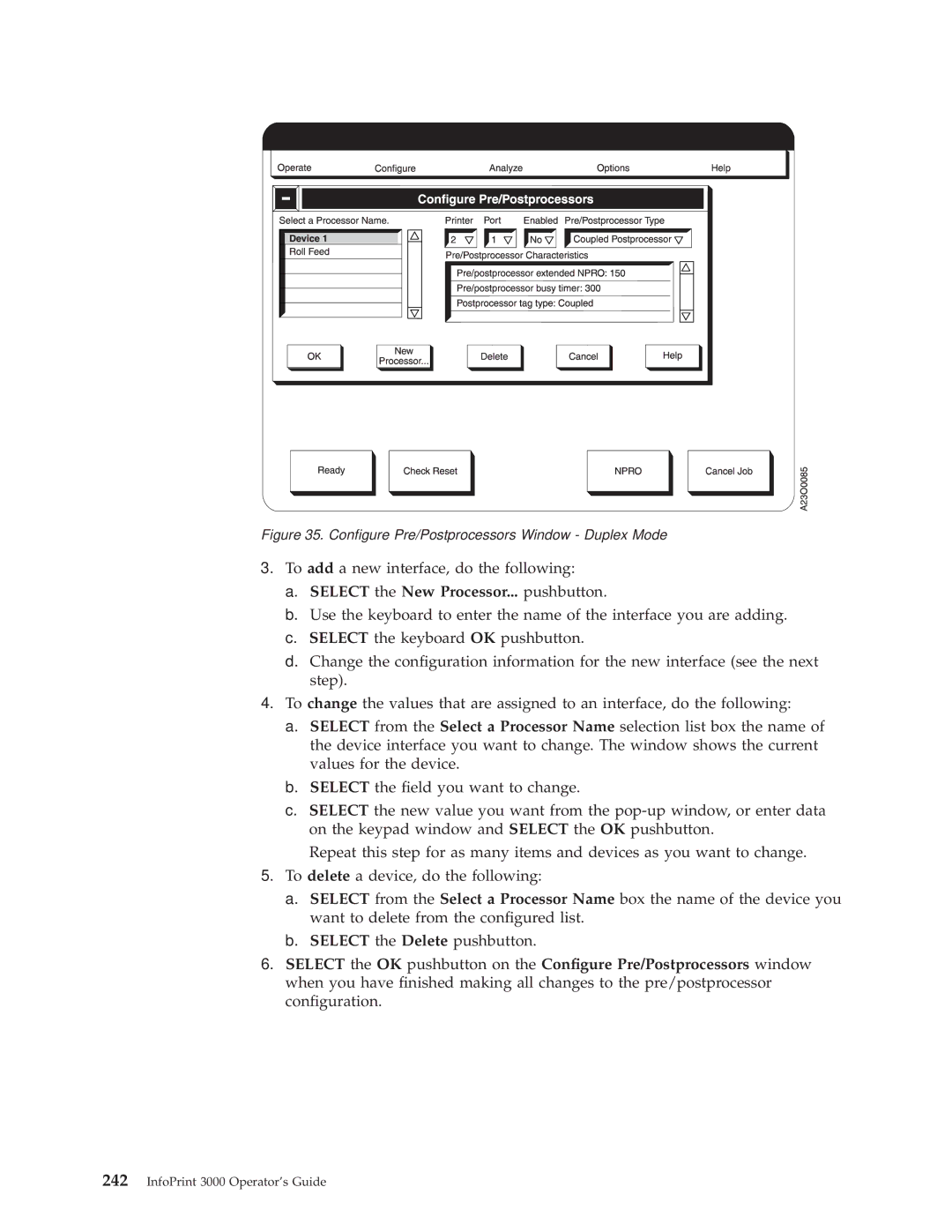 IBM 3000 manual Select the New Processor... pushbutton, Congure Pre/Postprocessors Window Duplex Mode 