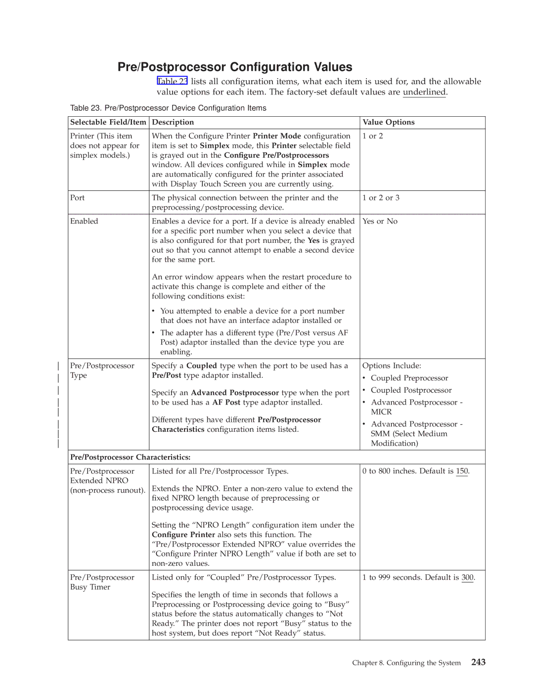 IBM 3000 manual Pre/Postprocessor Conguration Values, Selectable Field/Item Description Value Options 