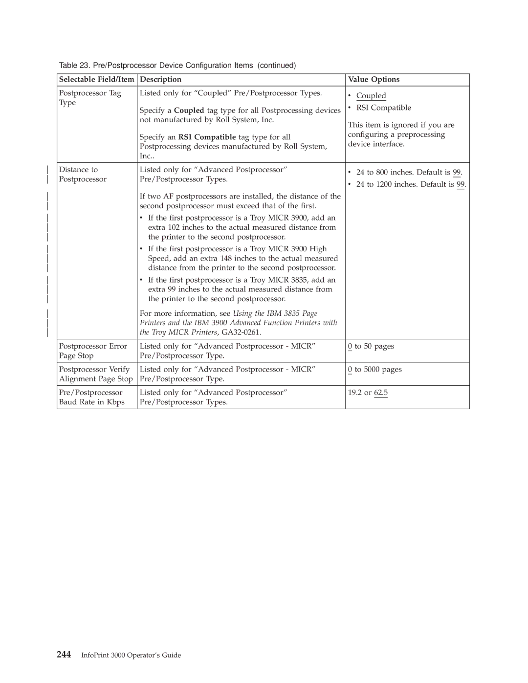 IBM 3000 manual Selectable Field/Item Description Value Options 