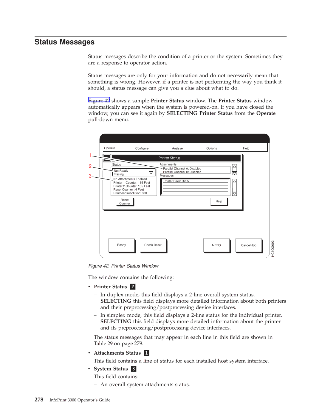 IBM 3000 manual Status Messages, Printer Status „2…, Attachments Status „1…, System Status „3… This eld contains 