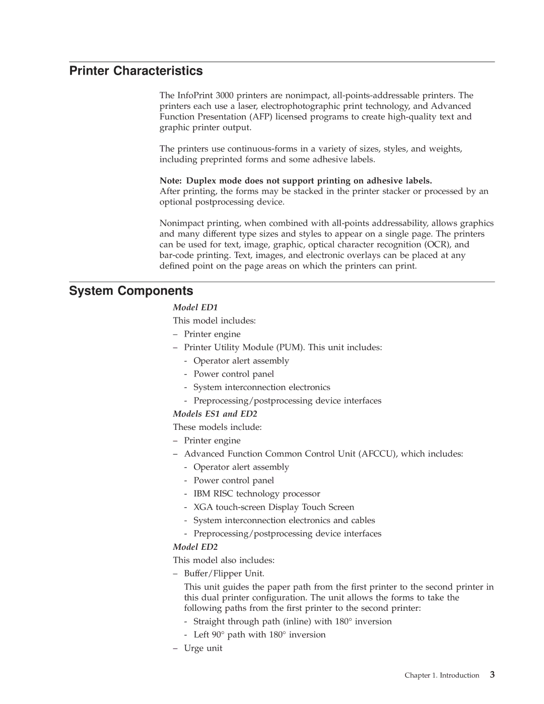 IBM 3000 manual Printer Characteristics, System Components 