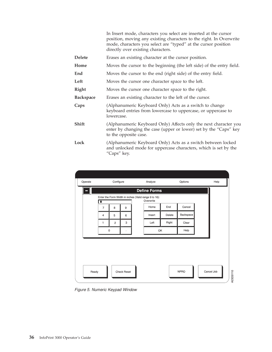 IBM 3000 manual Delete, Home, End, Left, Right, Backspace, Caps, Shift, Lock 