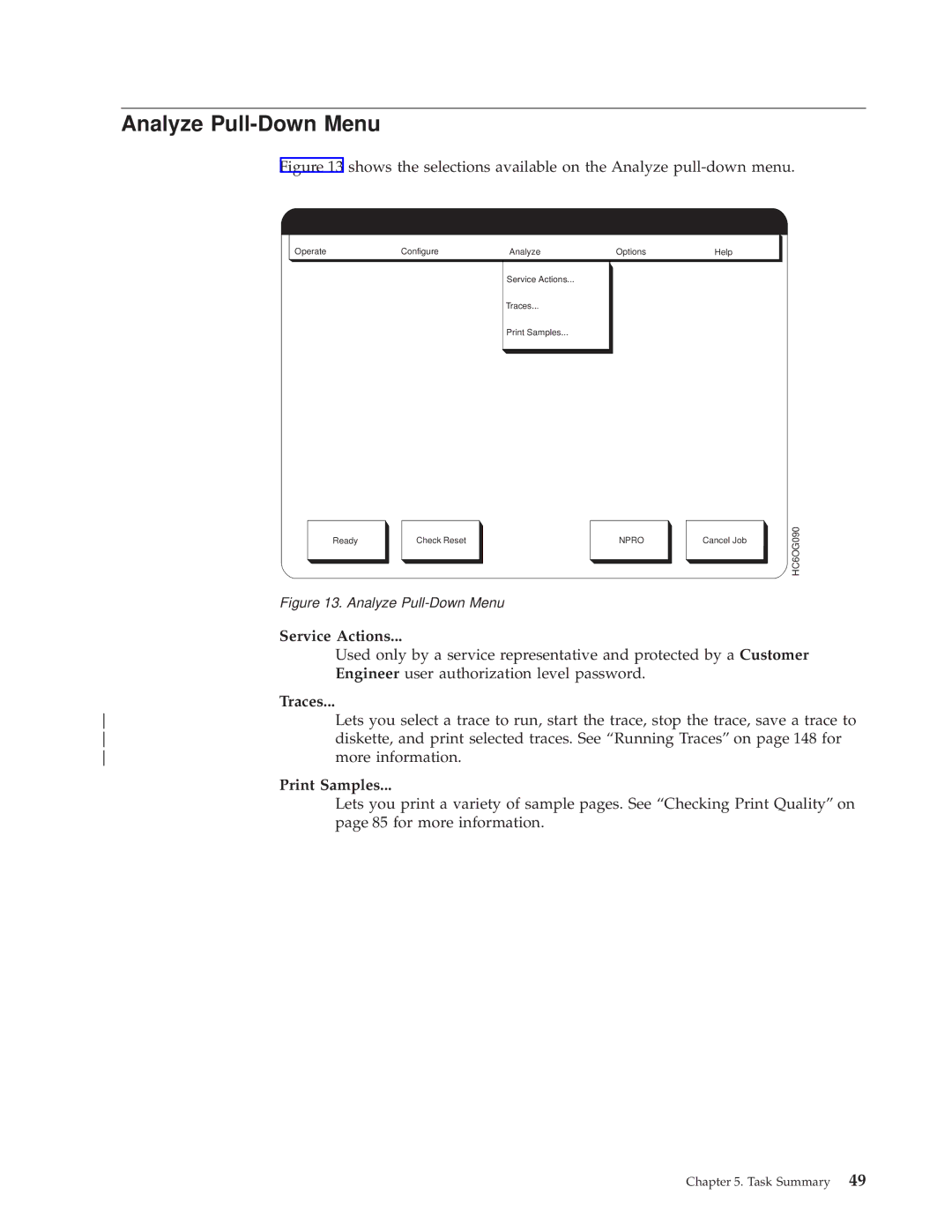 IBM 3000 manual Analyze Pull-Down Menu, Service Actions, Traces, Print Samples 