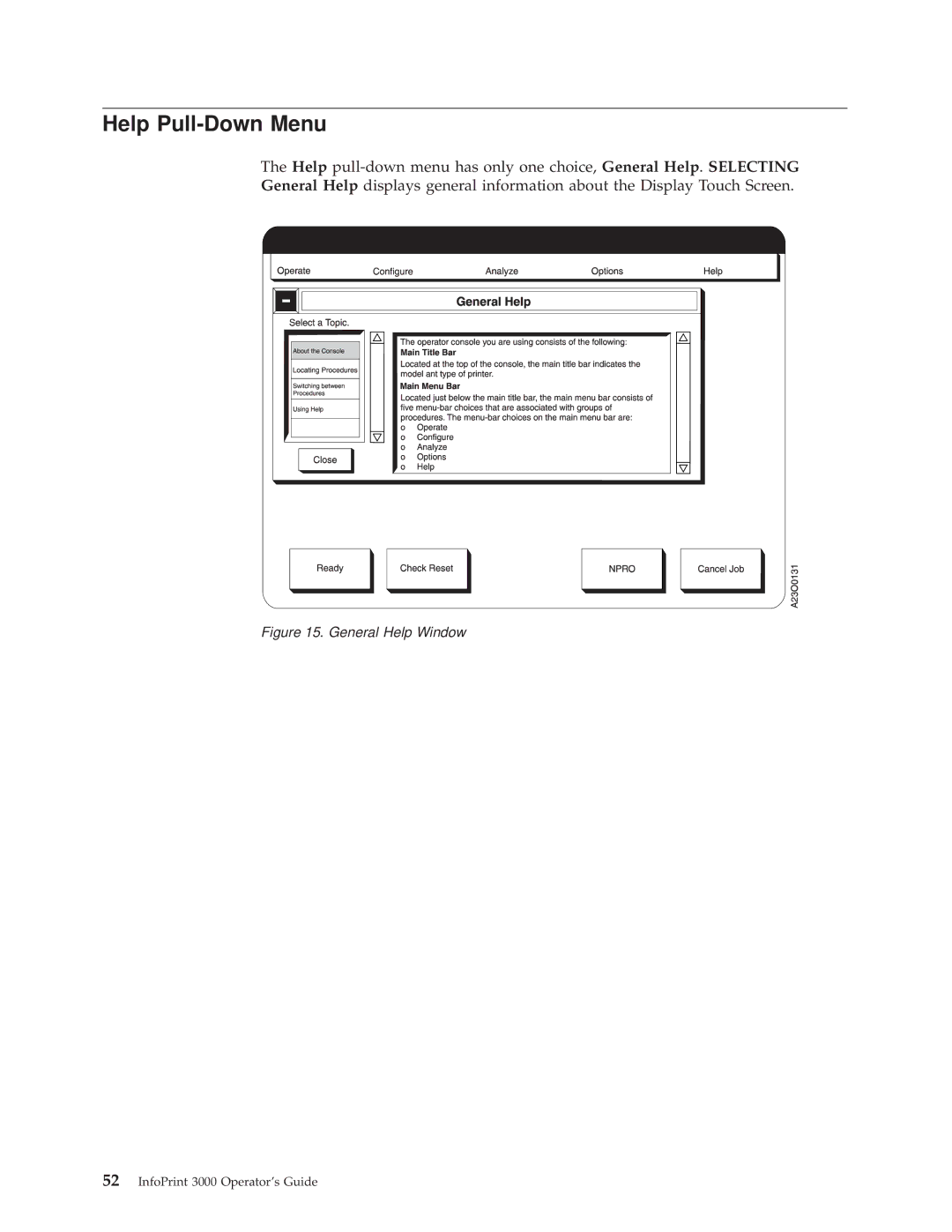 IBM 3000 manual Help Pull-Down Menu, General Help Window 