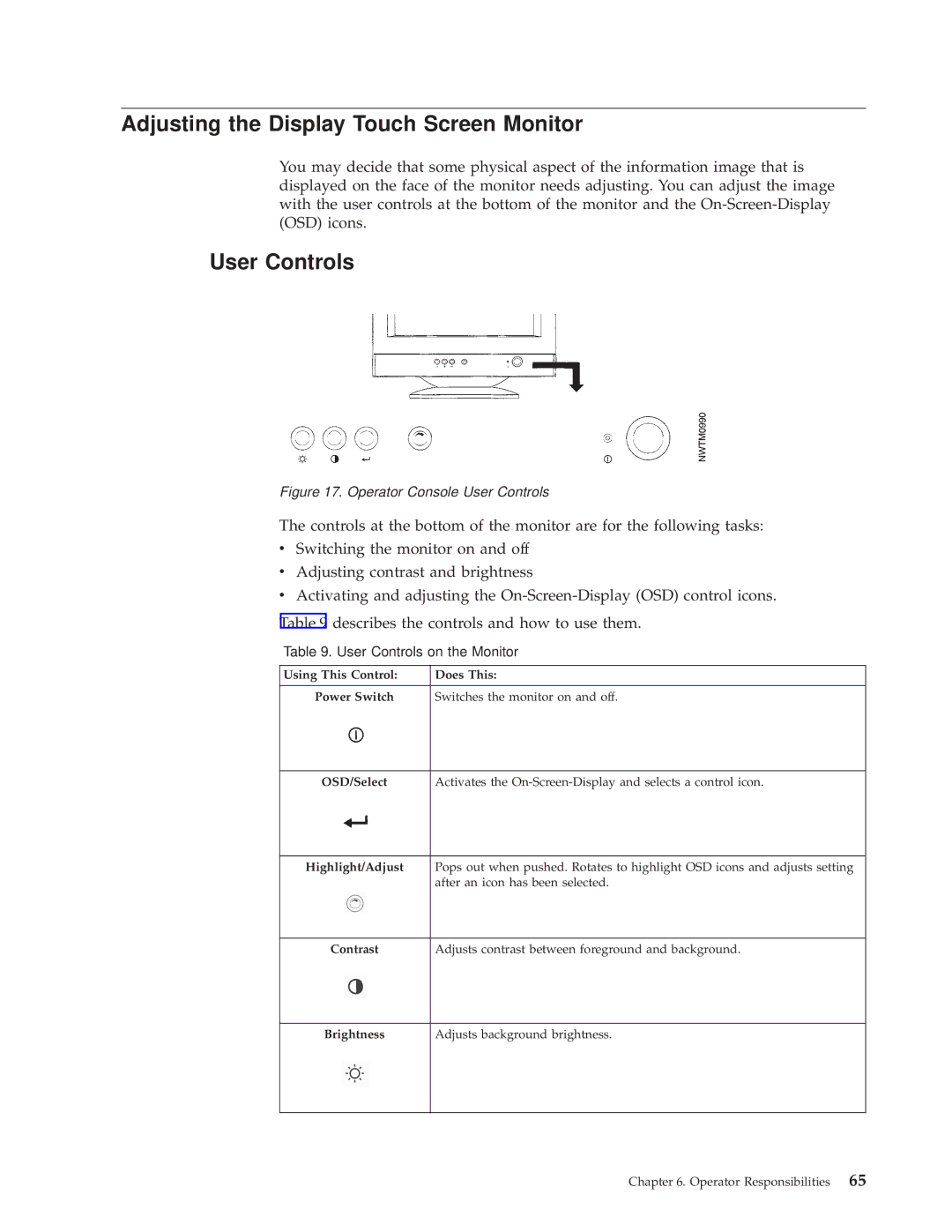 IBM 3000 manual Adjusting the Display Touch Screen Monitor, User Controls 