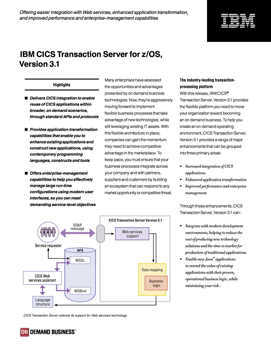 IBM 3.1 manual Highlights, Increased integration of CICS applications, Enhanced application transformation 