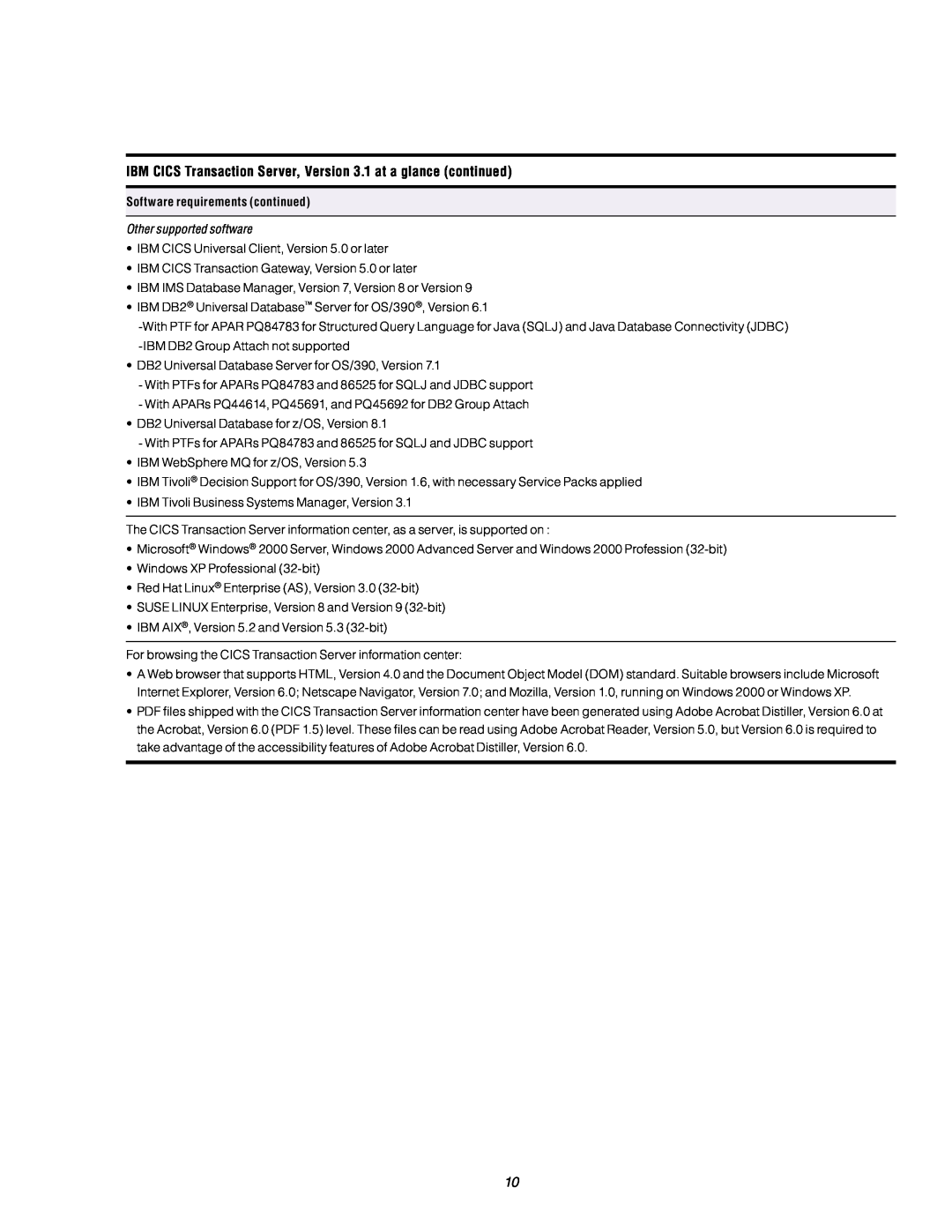 IBM manual IBM CICS Transaction Server, Version 3.1 at a glance continued, Software requirements continued 