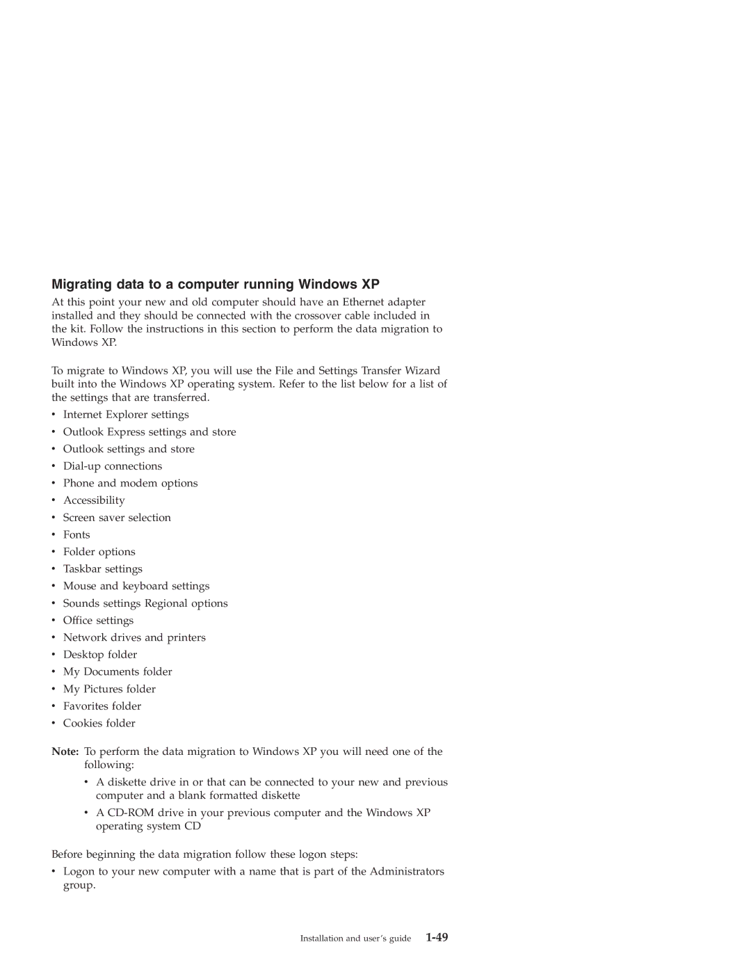 IBM 31P8128 manual Migrating data to a computer running Windows XP 