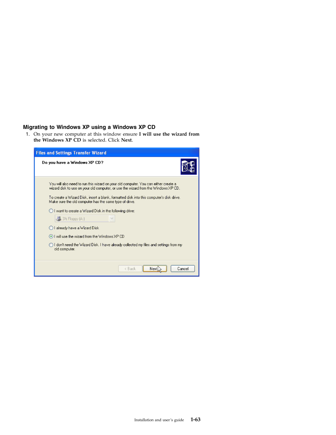 IBM 31P8128 manual Migrating to Windows XP using a Windows XP CD 